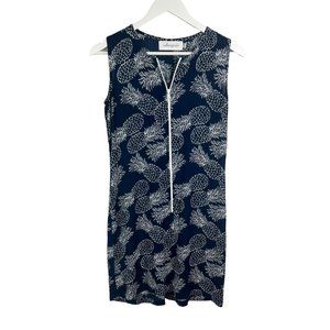 WALKER & WADE Womens S Blue White Pineapple Print Zip Up Sheath Dress Sleeveless
